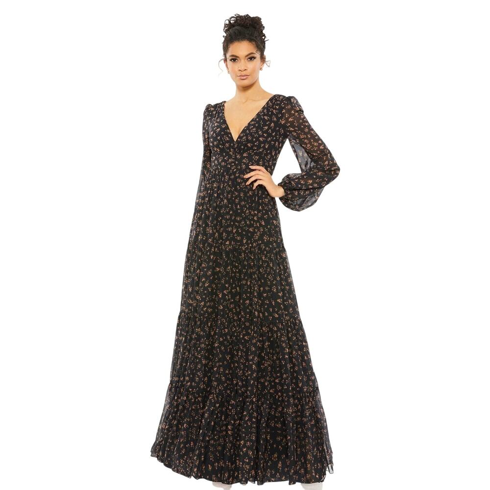 Mac Duggal NWT Peasant Printed V-Neck Long Dress in Black Multi Size 2